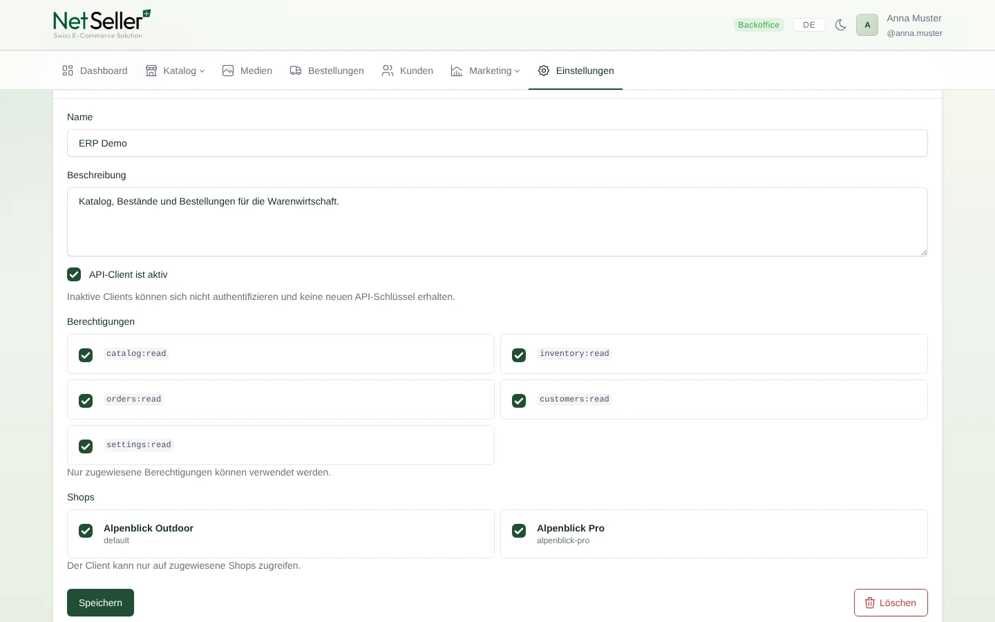 API-Client mit zugewiesenen Berechtigungen und Demo-Shops
