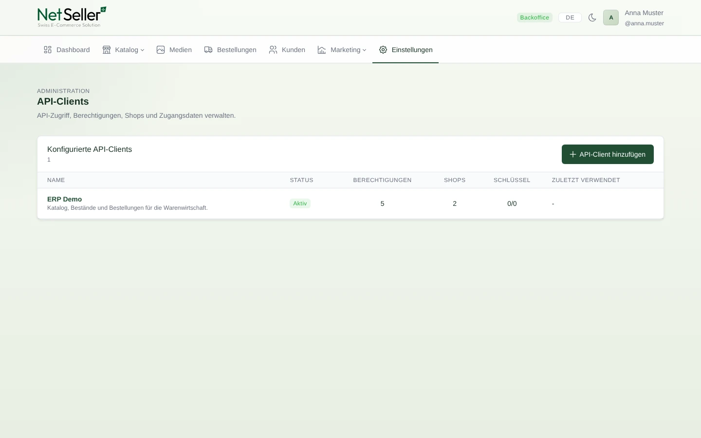 &Uuml;bersicht der konfigurierten API-Clients in NetSeller