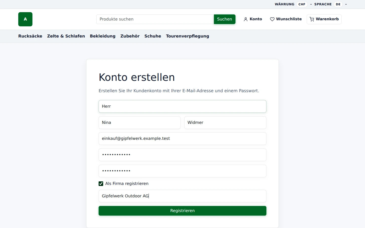 Storefront-Registrierung mit aktivierter Option als Firma registrieren