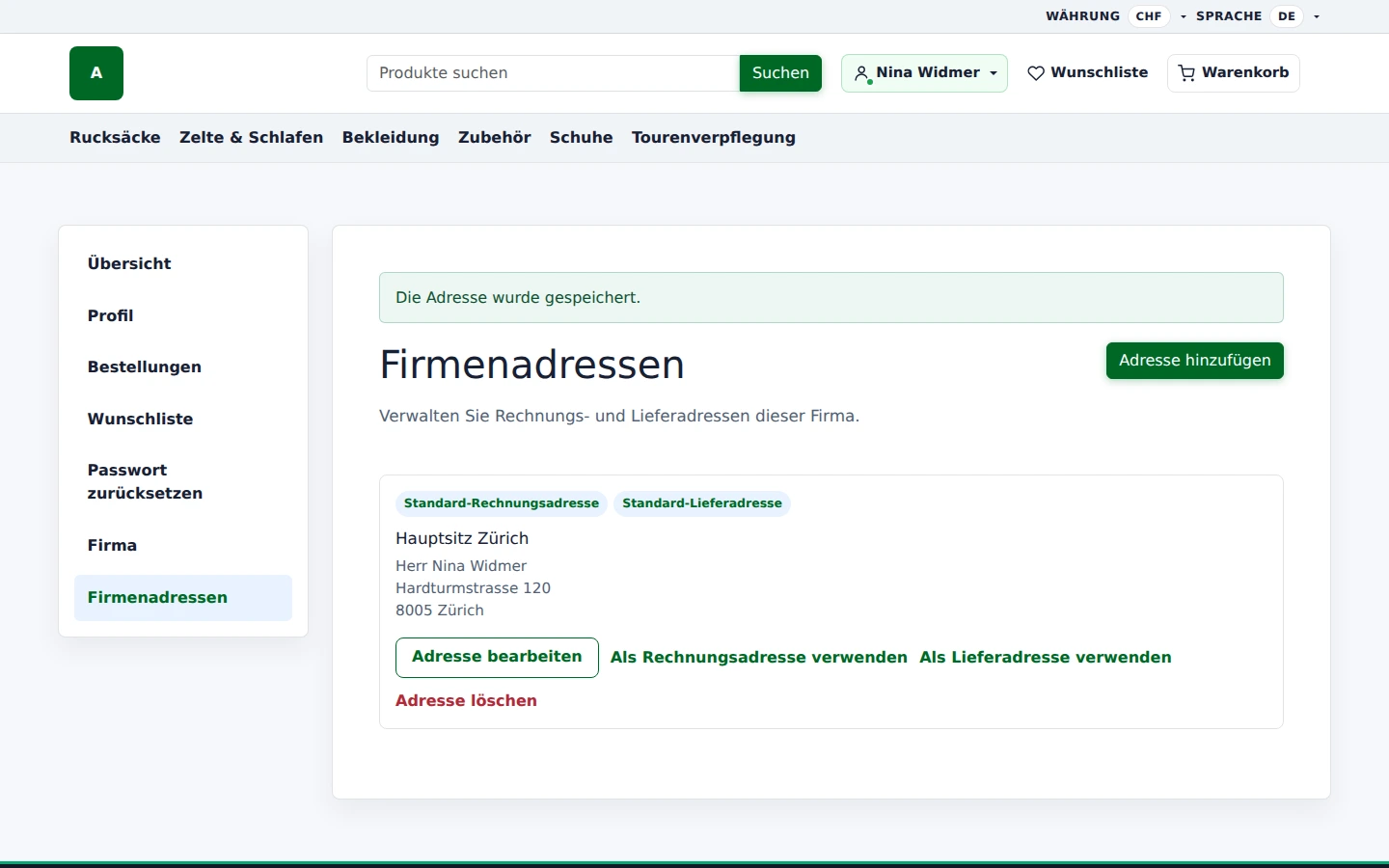 Firmenkonto im Storefront mit zentraler Rechnungs- und Lieferadresse