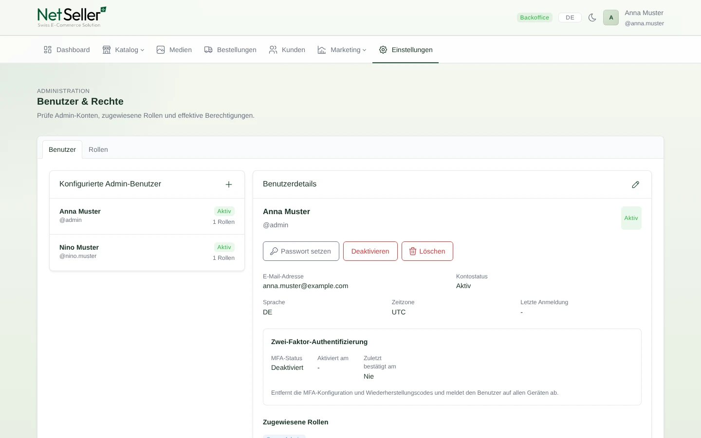 Übersicht persönlicher Admin-Benutzer mit Kontodetails und Zwei-Faktor-Status