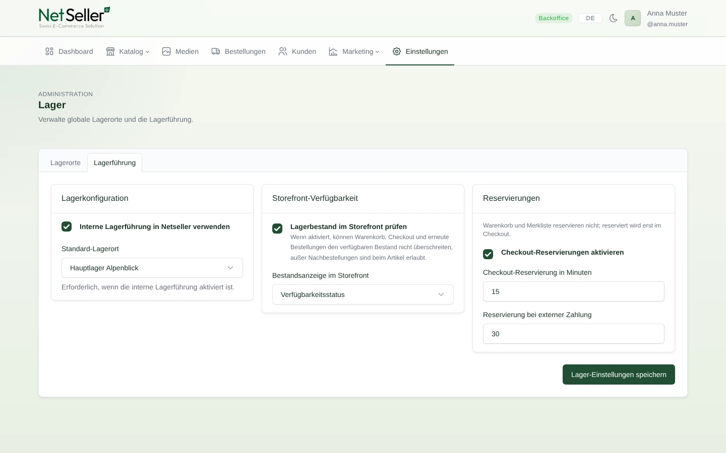 Zentrale Lagerkonfiguration mit Storefront-Verfügbarkeit und Checkout-Reservierungen
