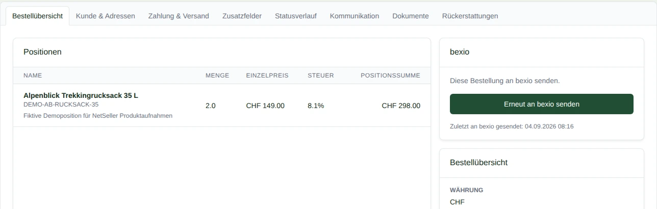 Kontrollierte Übergabe einer NetSeller Bestellung an bexio