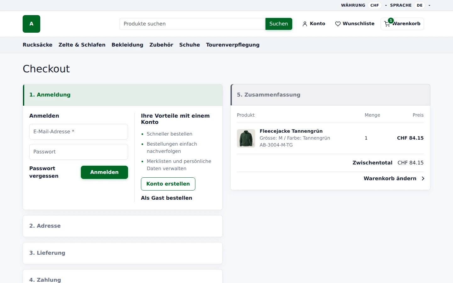 Checkout-Einstieg mit Anmeldung, Gastbestellung und Warenkorbzusammenfassung