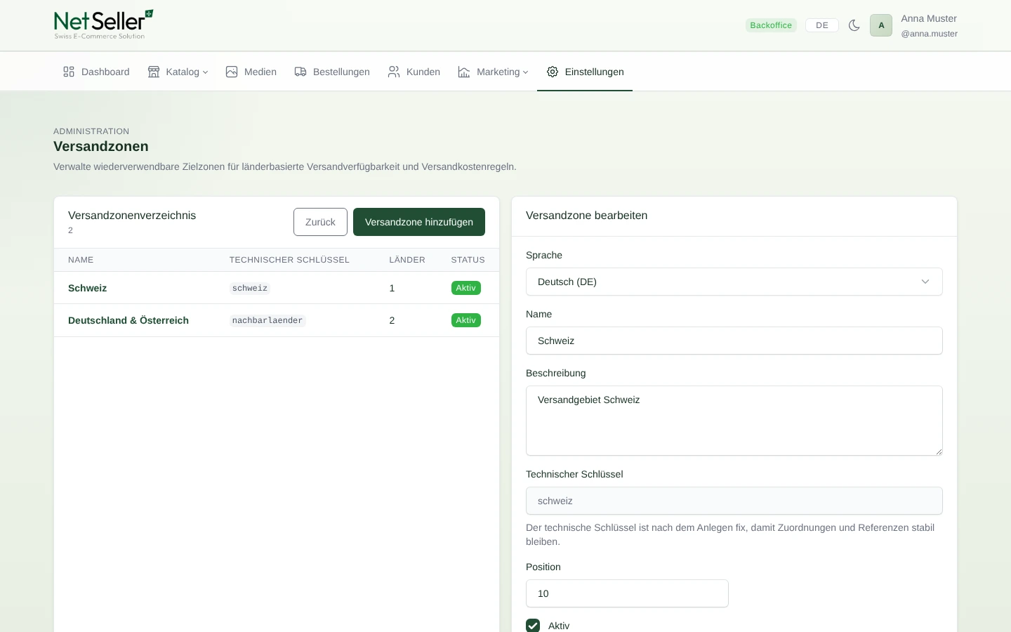 Backoffice mit Versandzonen und zugeordneten L&auml;ndern