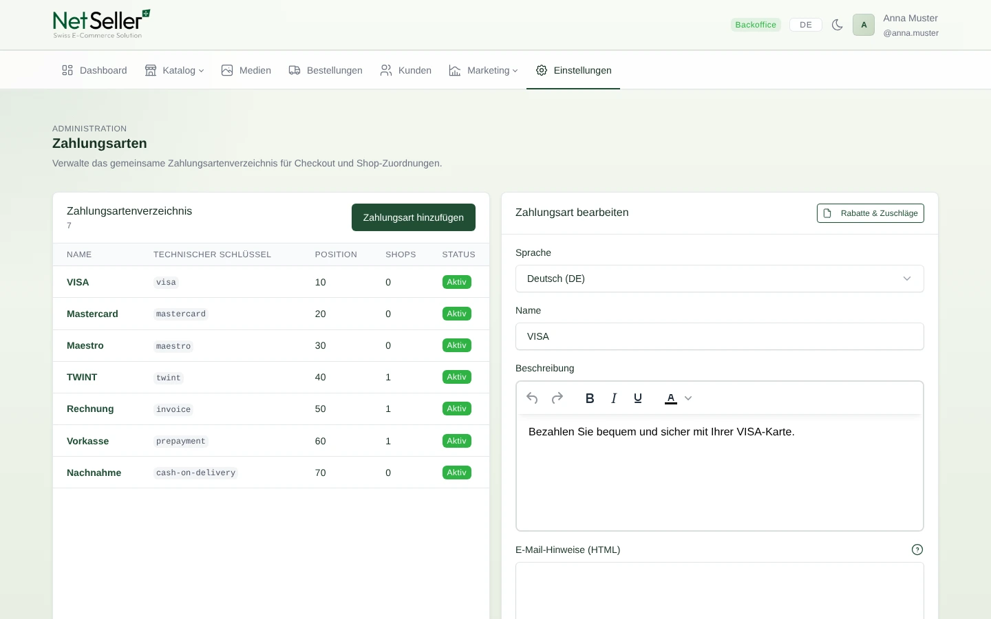 Backoffice-Verwaltung der Zahlungsarten