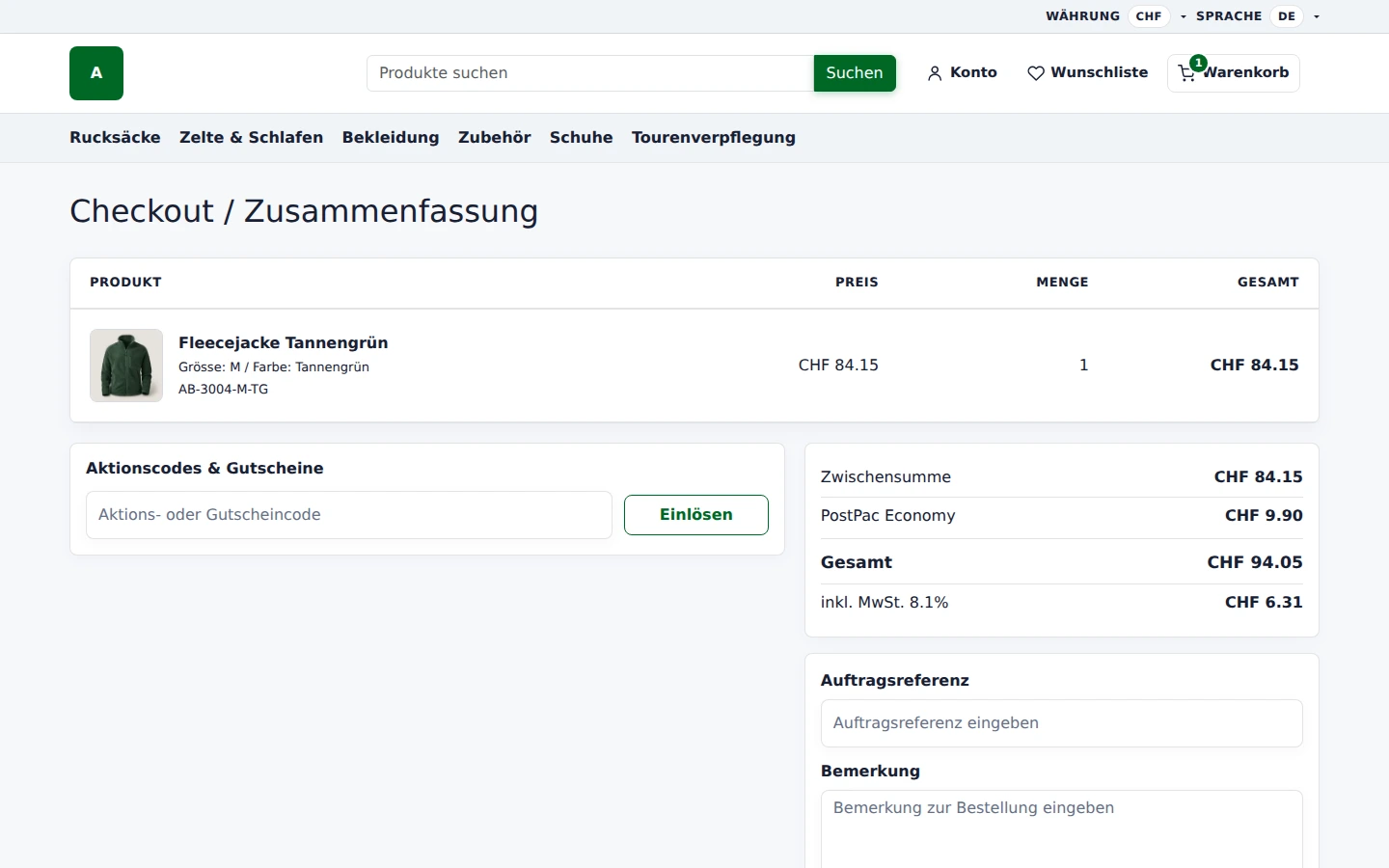 Checkout-Zusammenfassung mit Produkt, Versandkosten und Gesamtbetrag