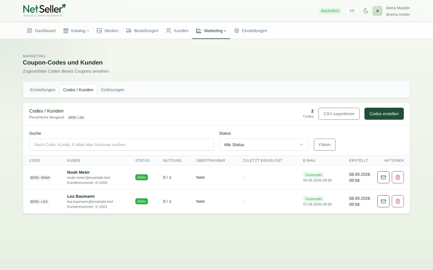 Kundengebundene Couponcodes mit E-Mail-Versandstatus