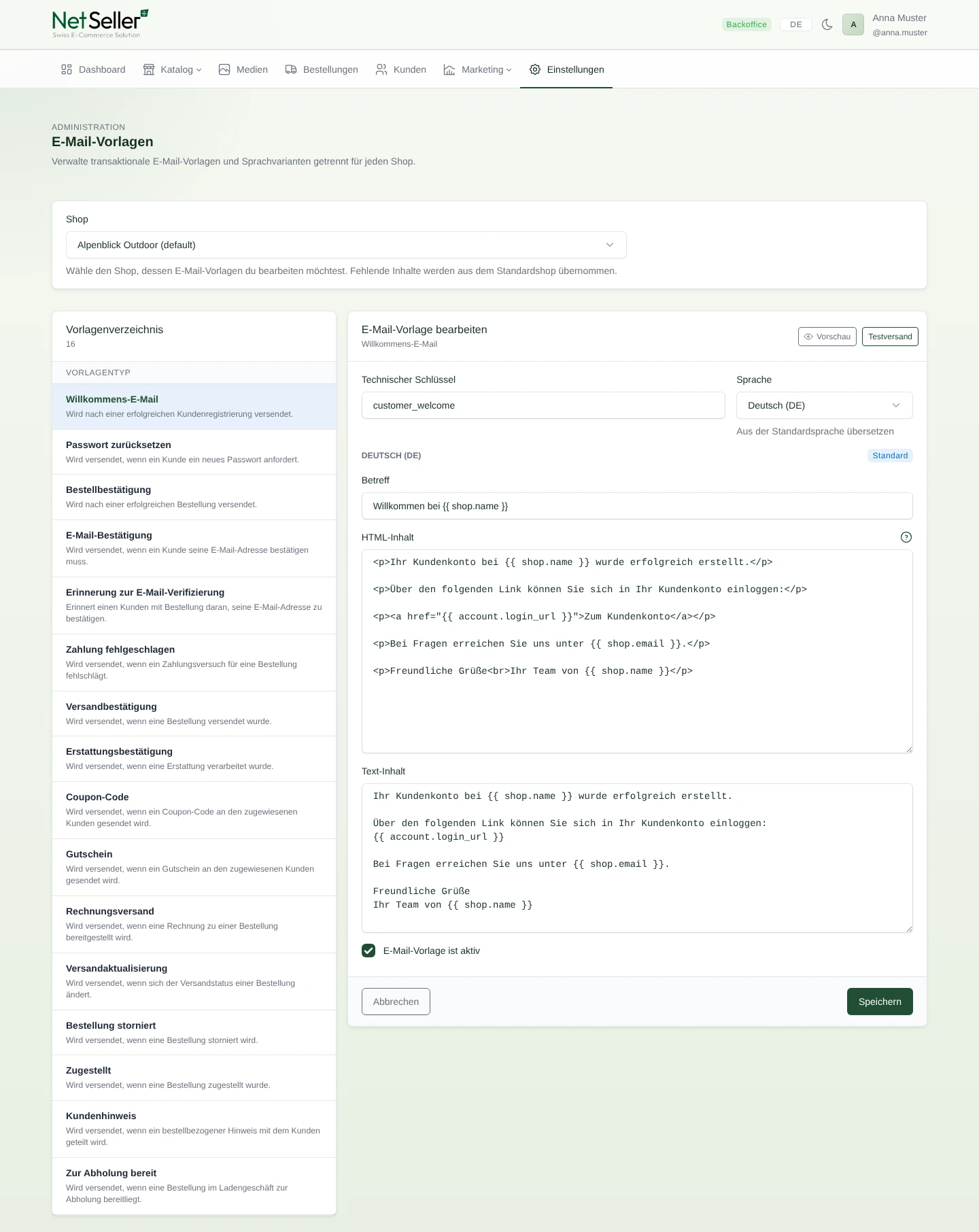 E-Mail-Vorlagenverzeichnis mit Editor für die deutsche Willkommens-E-Mail