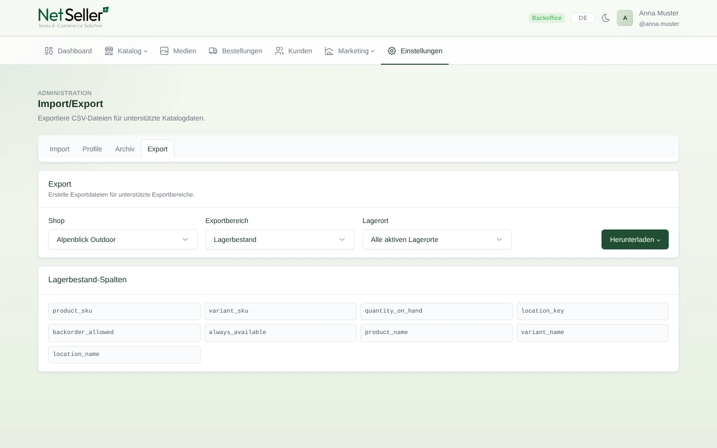 NetSeller Export f&uuml;r Lagerbest&auml;nde mit dokumentierten Spalten