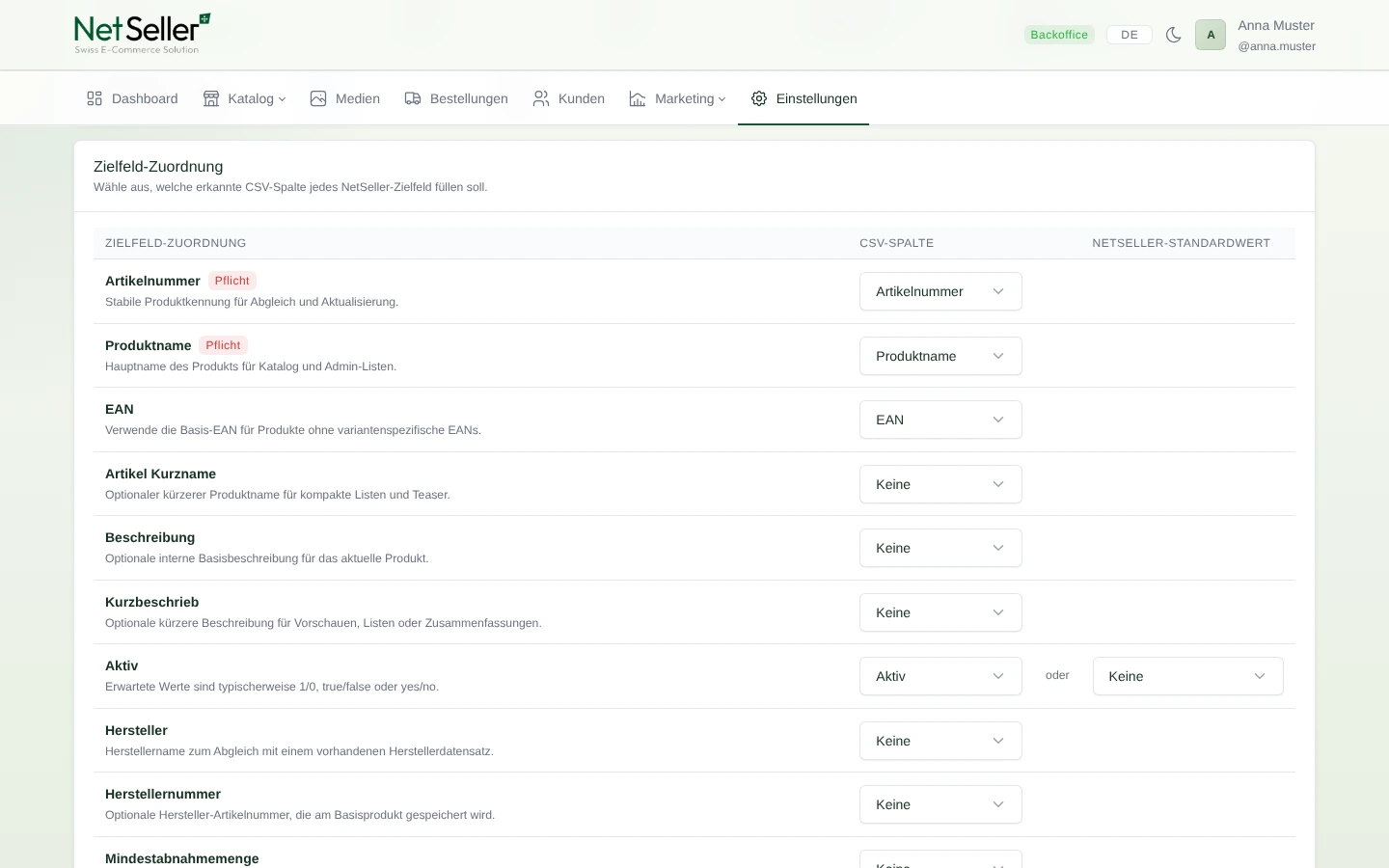 Zuordnung erkannter CSV-Spalten zu NetSeller Zielfeldern