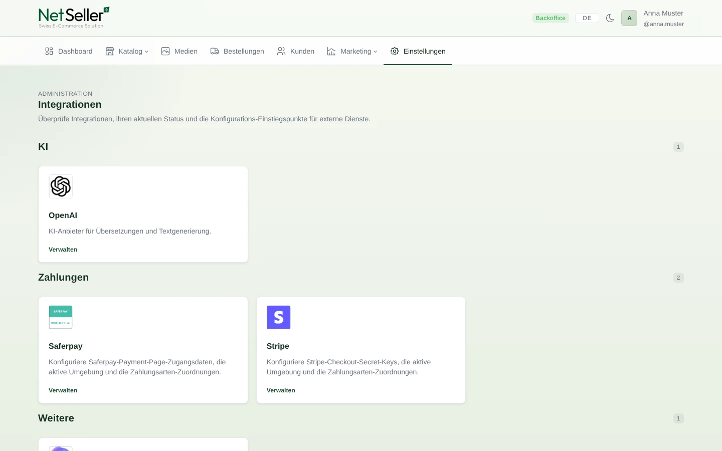 NetSeller Backoffice mit der &Uuml;bersicht verf&uuml;gbarer Integrationen