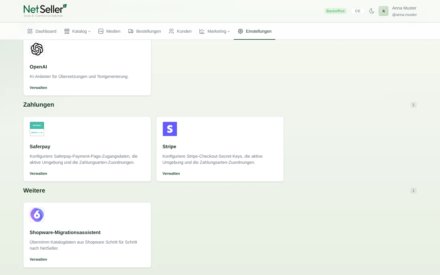 NetSeller Integrations&uuml;bersicht mit Saferpay und Stripe