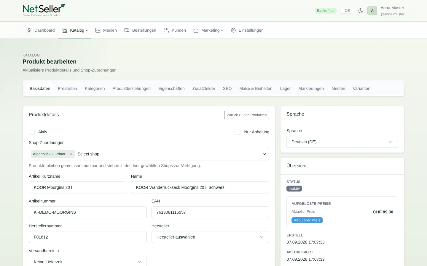 Durch den KI-Import angelegtes inaktives Produkt im NetSeller Produkteditor