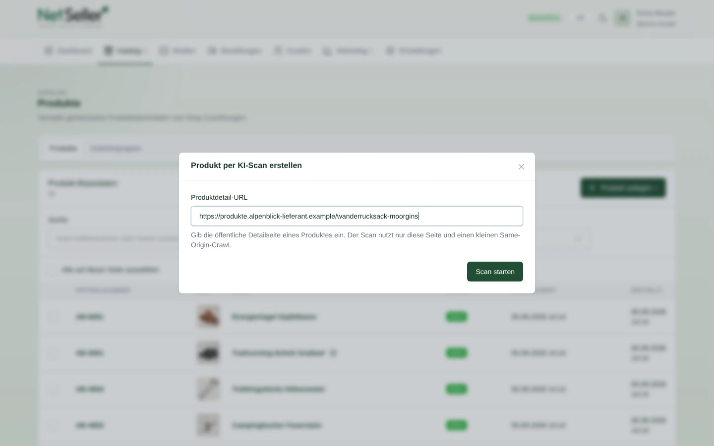 NetSeller Dialog für den KI-Produktimport über eine Lieferanten-URL