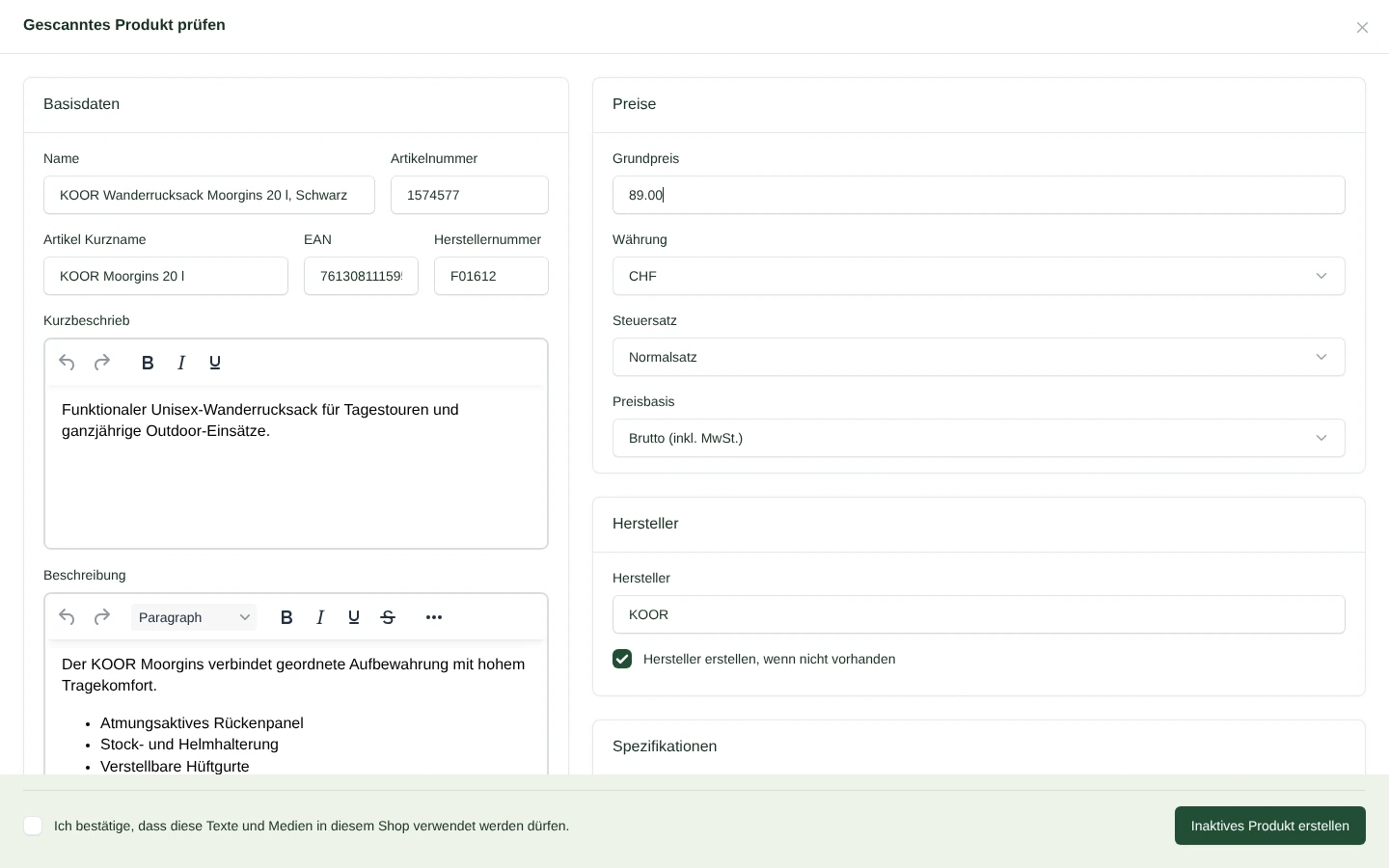 Von NetSeller vorbereiteter Produktentwurf mit Texten, Preis und Hersteller