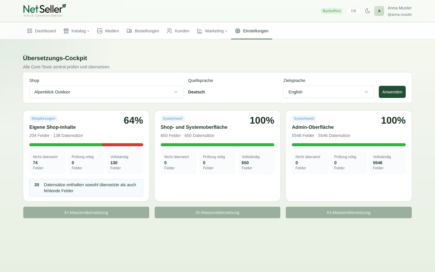 Übersetzungs-Cockpit von NetSeller mit Bearbeitungsstand für Deutsch und Englisch