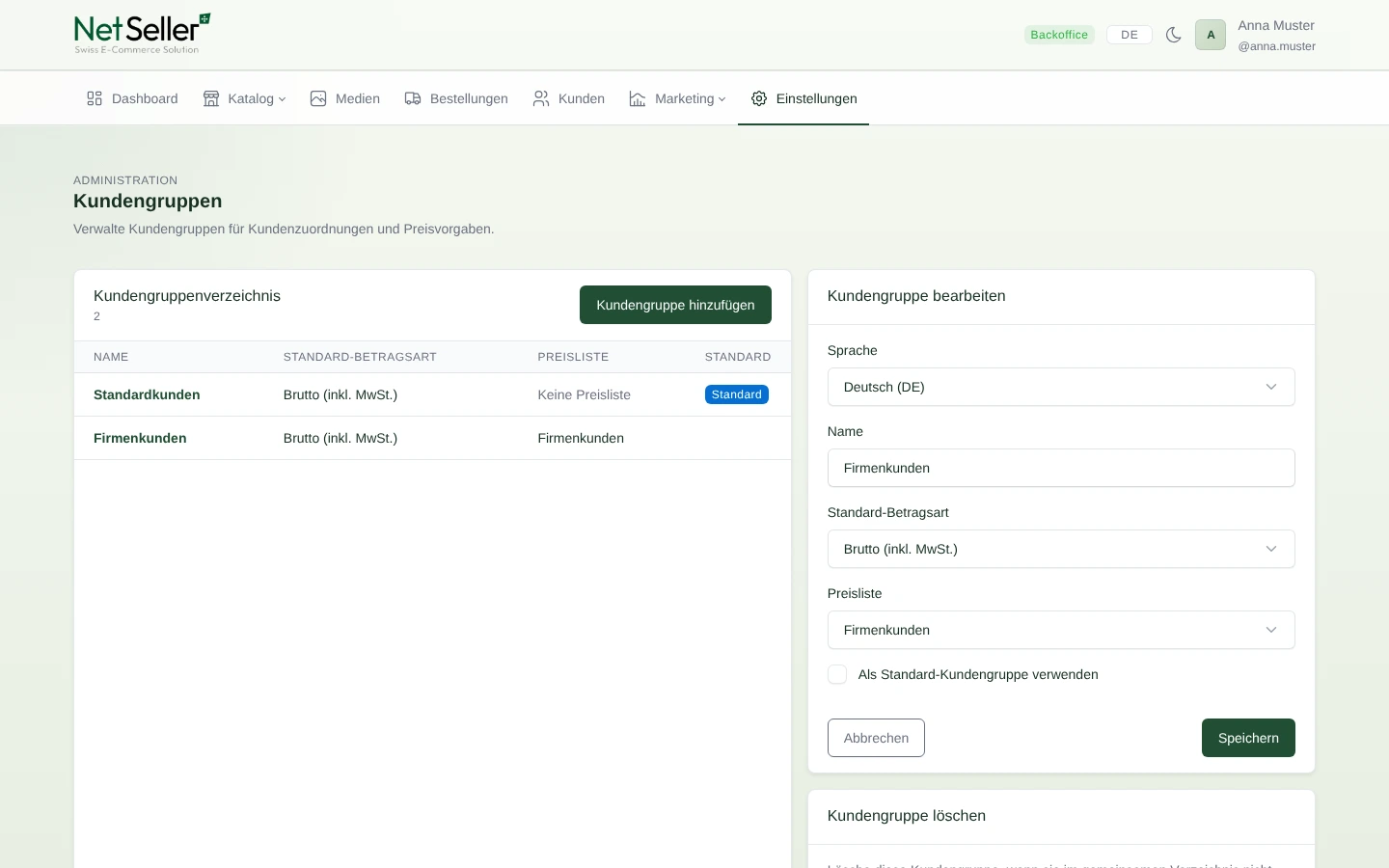 NetSeller Kundengruppe Firmenkunden mit zugewiesener Preisliste