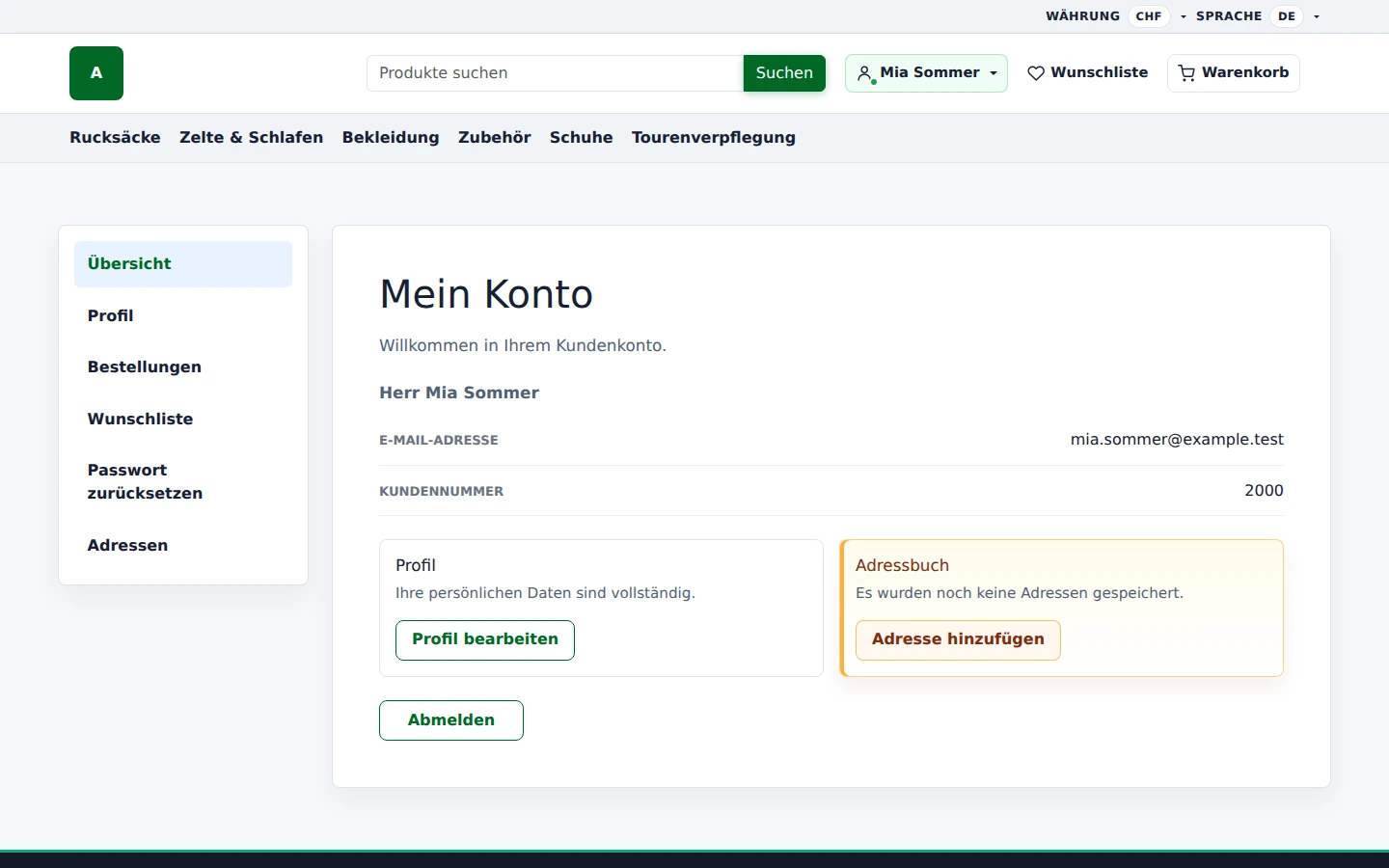 Persönliches Kundenkonto im Outdoor-Storefront mit Profil, Bestellungen, Wunschliste und Adressen