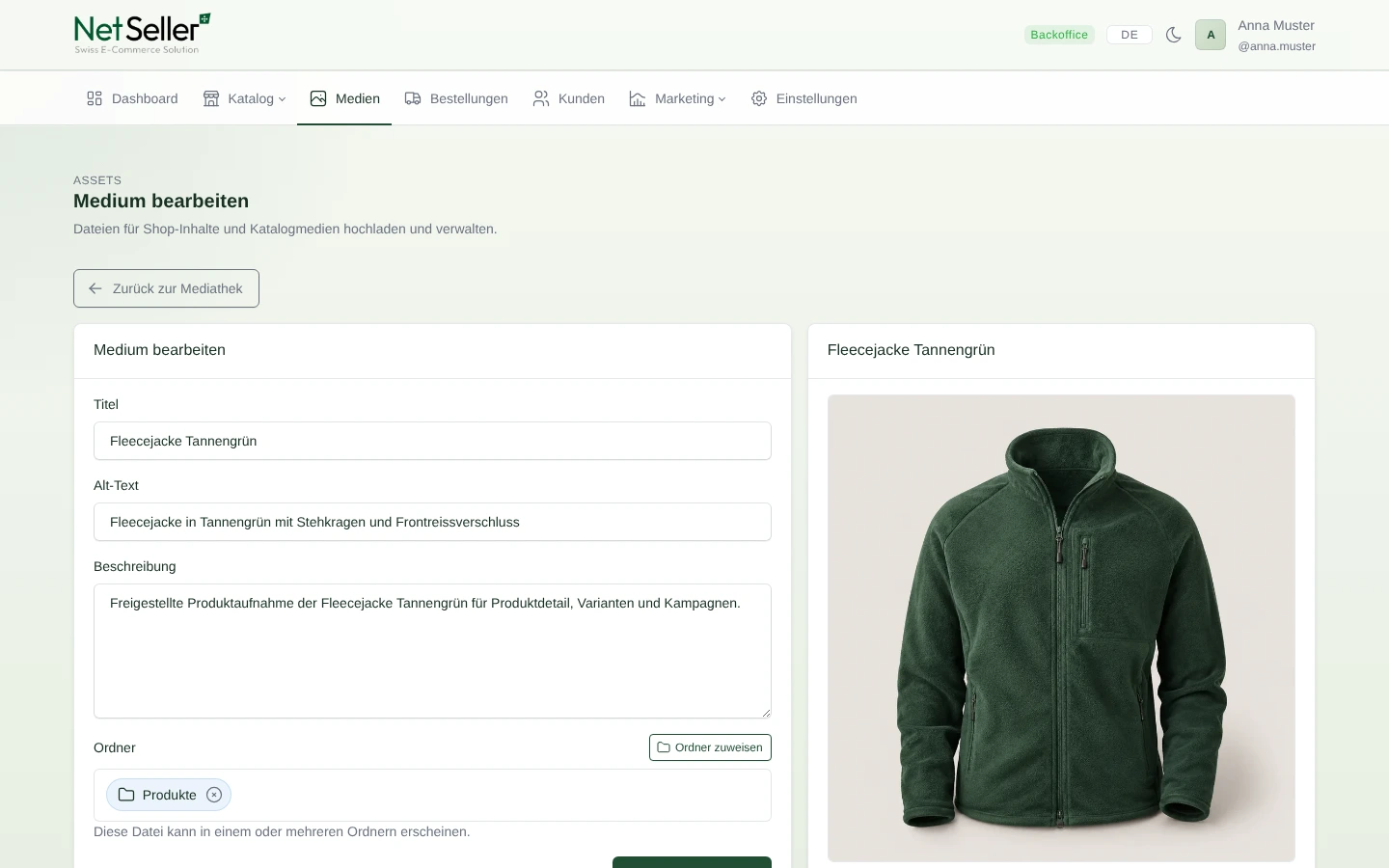 Bearbeitung eines Produktbilds mit Titel, Alternativtext, Beschreibung, Ordner und Verwendungsnachweis
