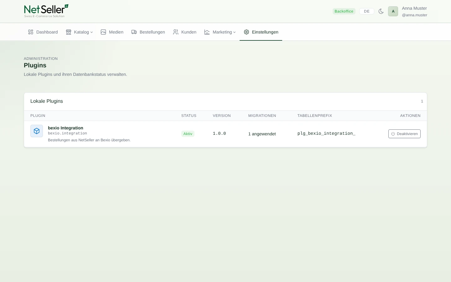 Aktive bexio-Integration in der NetSeller Plugin-Verwaltung