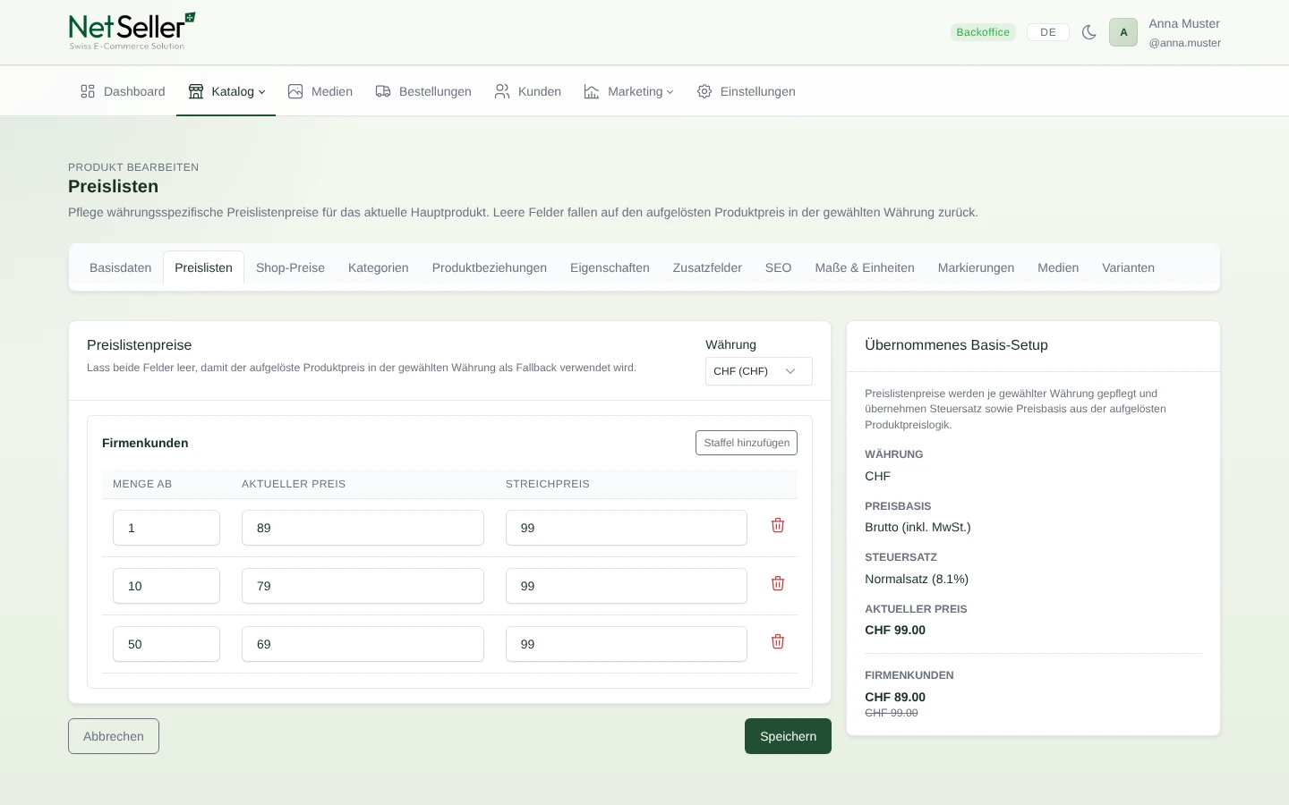 NetSeller Produktpreisliste mit drei Mengenstaffeln für Firmenkunden