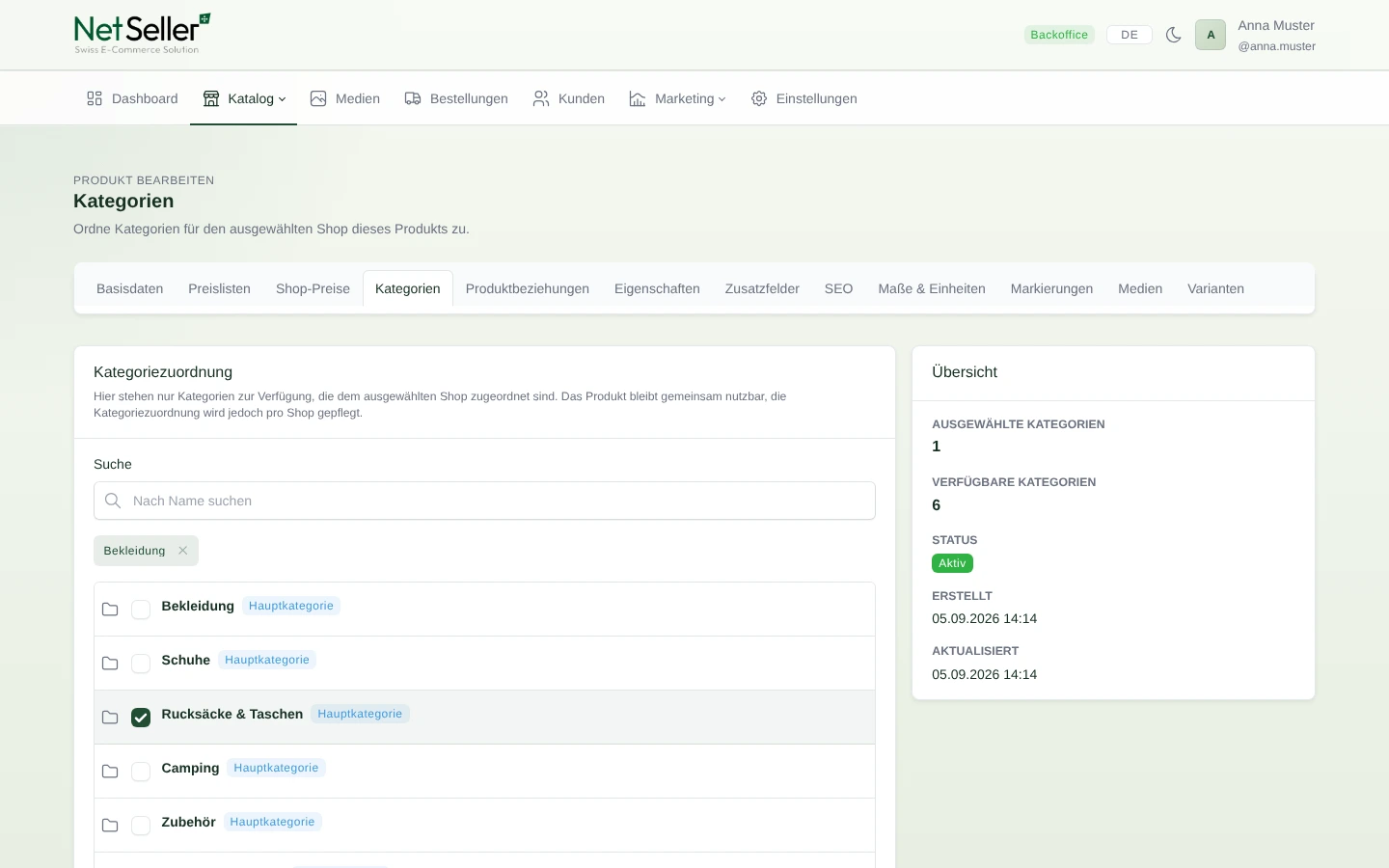 Kategorie-Zuordnung eines Produkts im NetSeller Backoffice