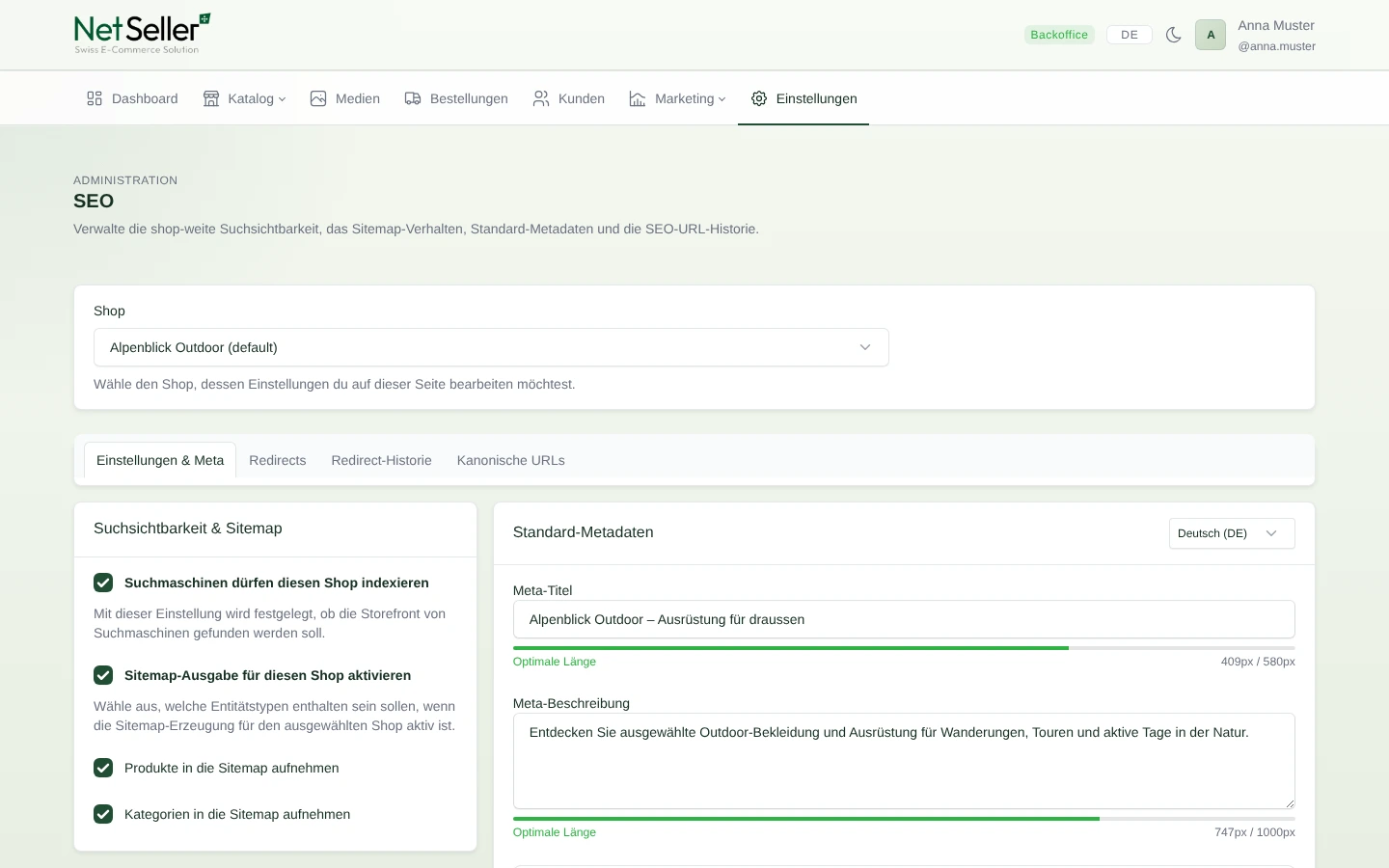 SEO-Grundeinstellungen für Alpenblick Outdoor mit Sitemap und optimierten Standard-Metadaten