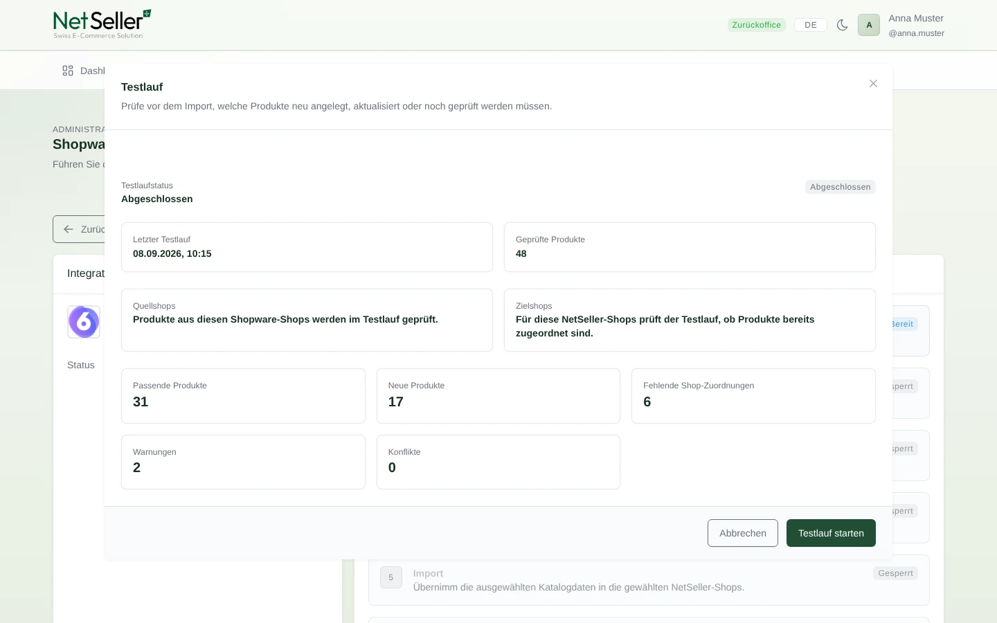 Abgeschlossener Shopware-Migrationstestlauf mit Pr&uuml;fergebnis