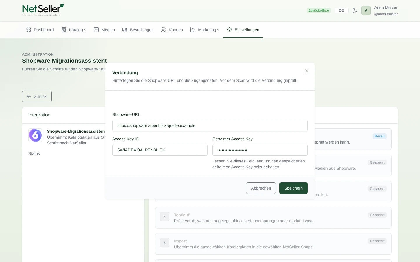Shopware-Verbindungsmaske im NetSeller Migrationsassistenten