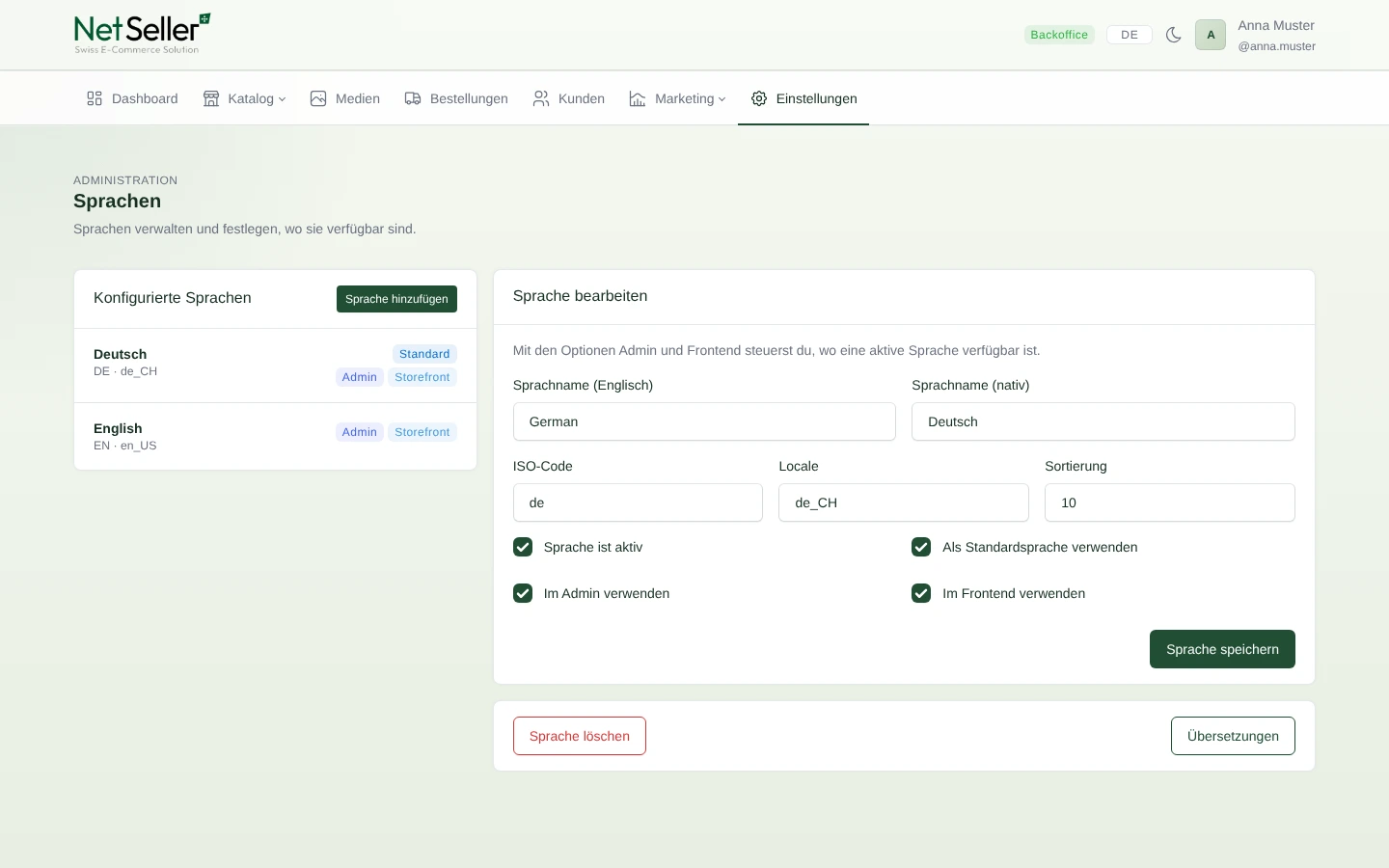 Sprachverwaltung mit Deutsch als Standard sowie Englisch für Backoffice und Storefront