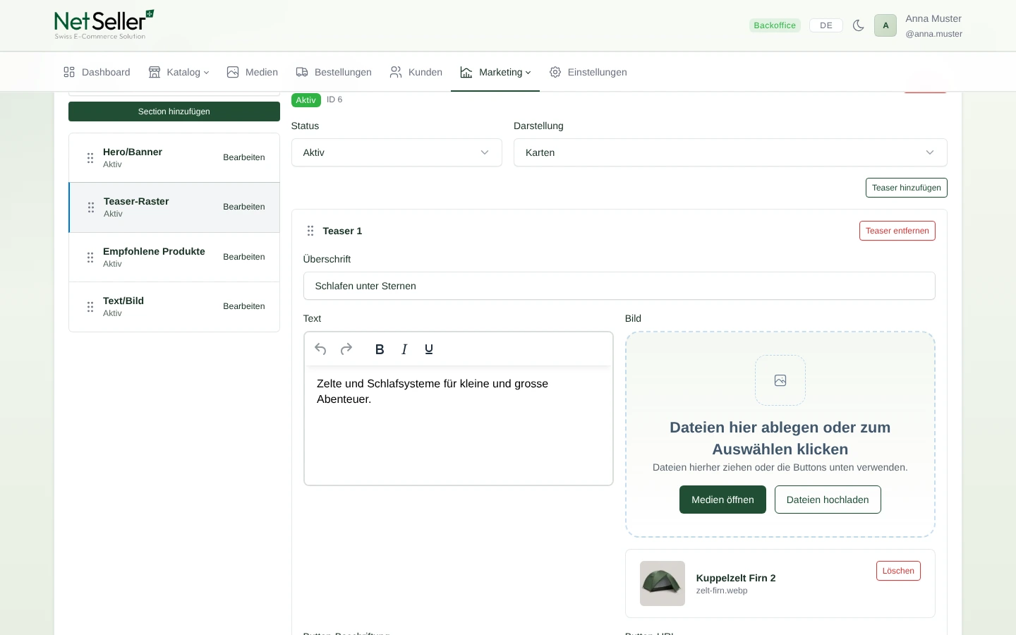 NetSeller Startseitenmodul mit Hero, Teaser-Raster, empfohlenen Produkten und Text-Bild-Bereich