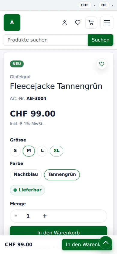 Mobile Produktansicht mit gewählter Variante M in Tannengrün und Lieferbarkeit