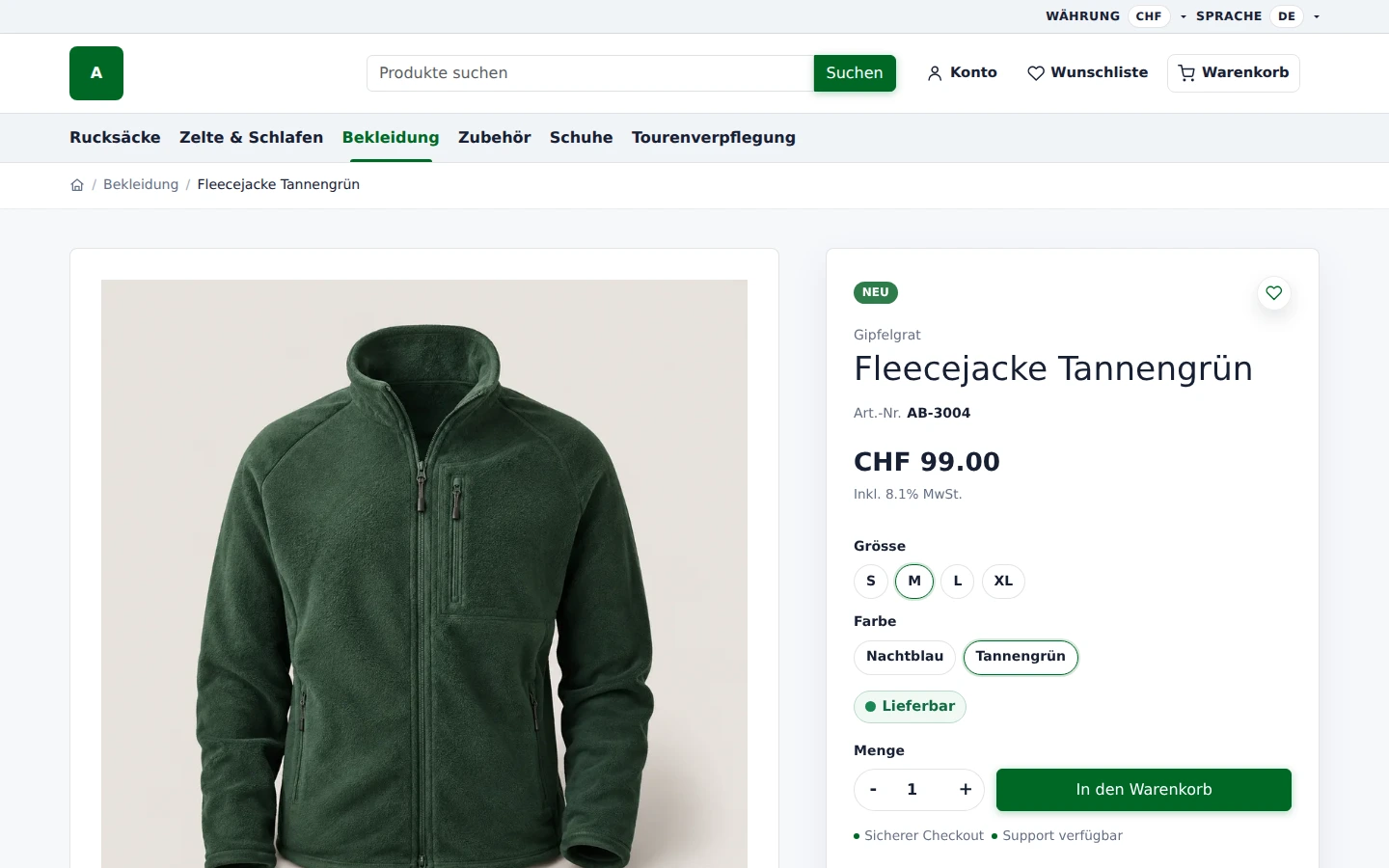 Produktdetail der Fleecejacke Tannengrün im NetSeller Storefront