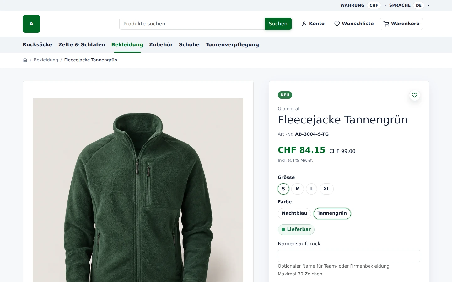 Produktseite der Fleecejacke mit Zusatzfeld f&uuml;r einen Namensaufdruck