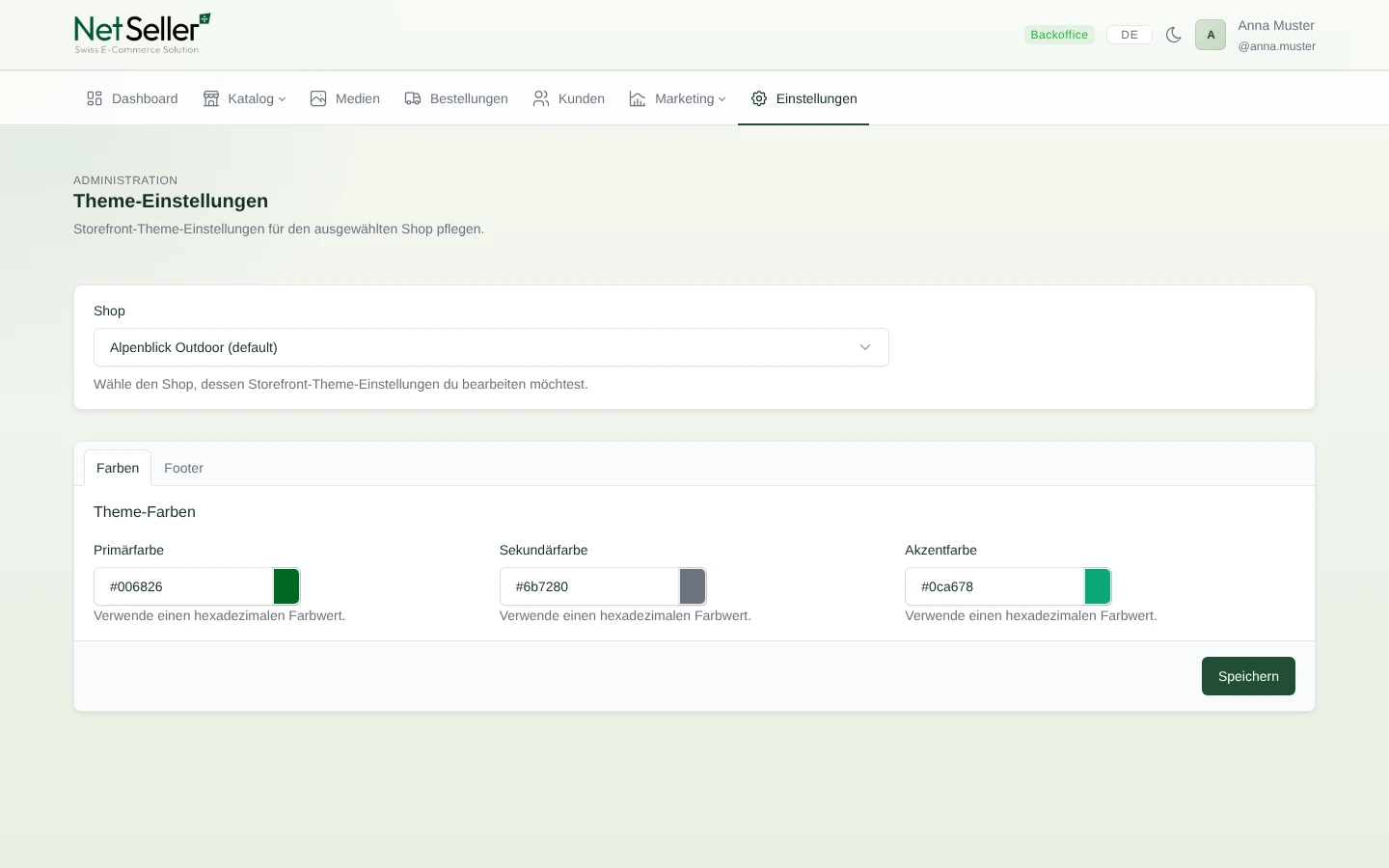Konfiguration der Theme-Farben im NetSeller Backoffice