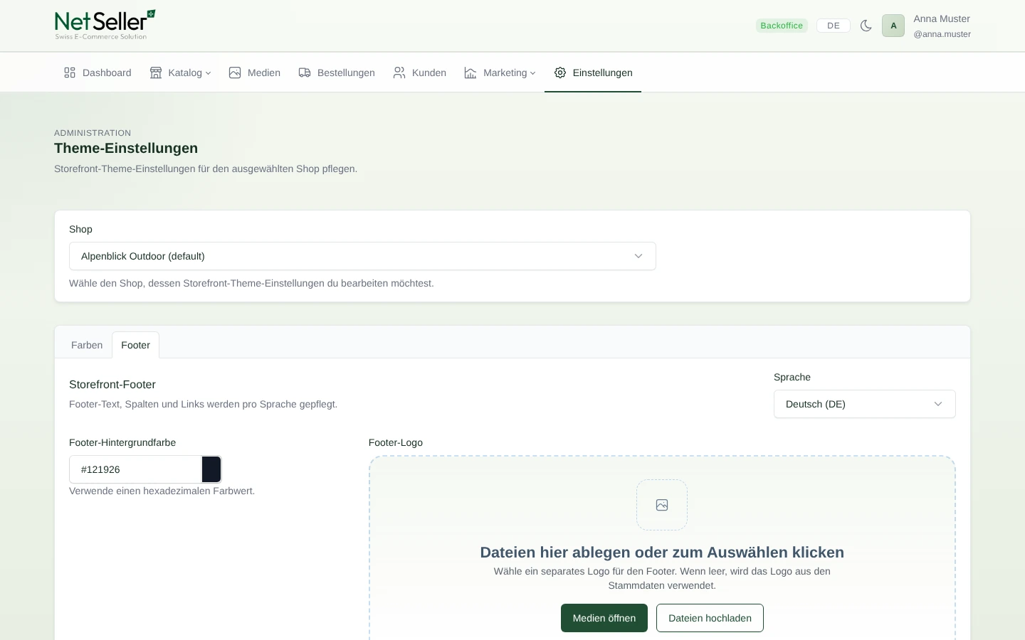 Konfiguration des mehrsprachigen Storefront-Footers im NetSeller Backoffice
