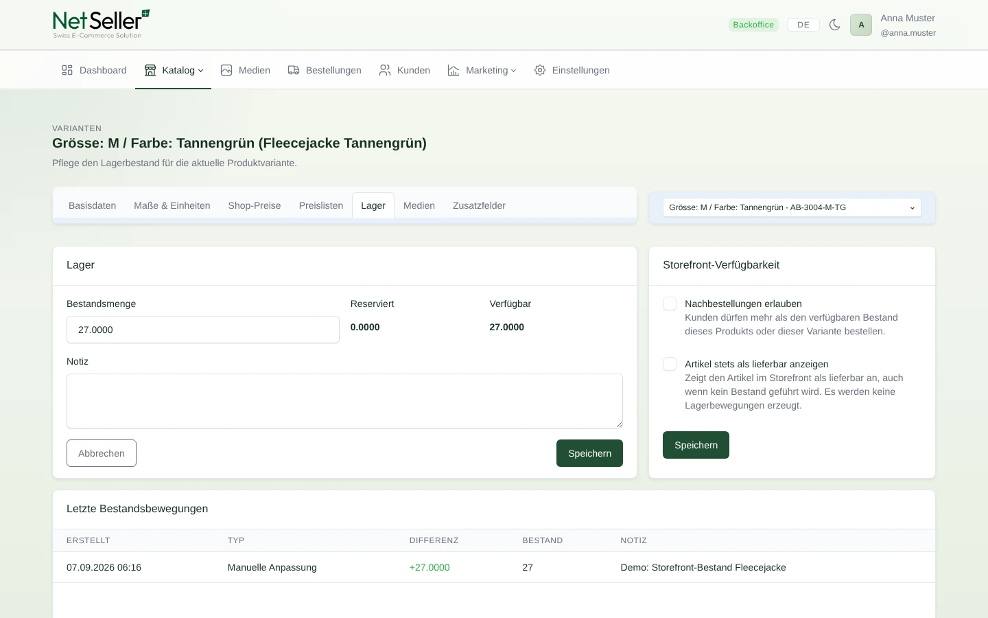 NetSeller Lagerbestand einer Produktvariante mit Verfügbarkeit und Bestandsbewegungen