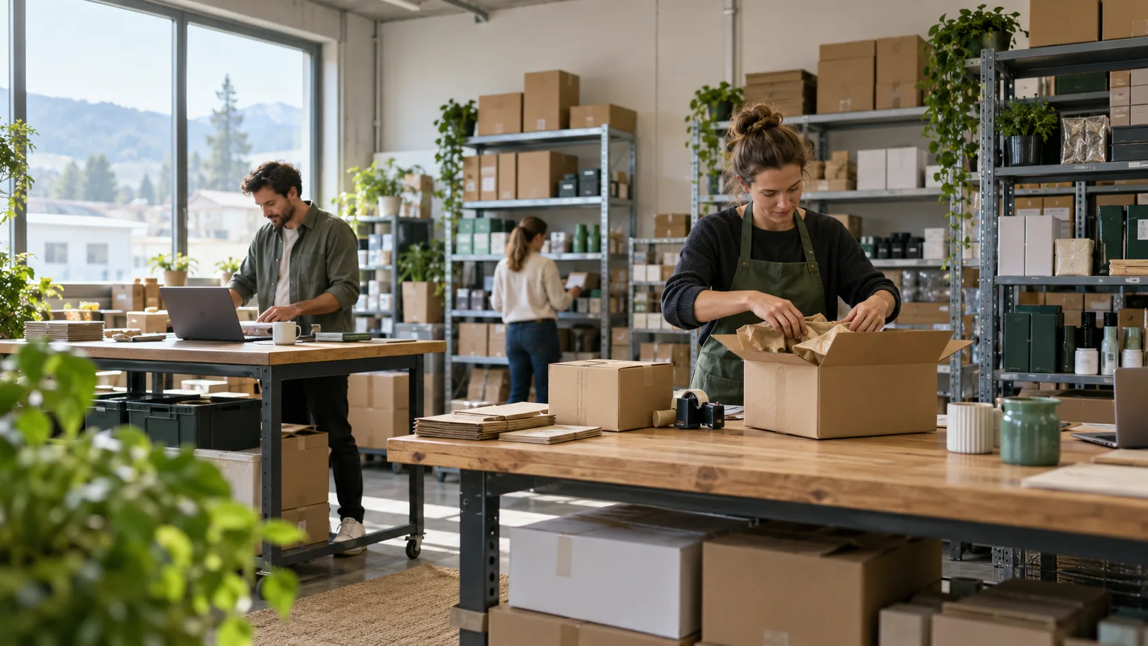 Mitarbeitende bearbeiten Bestellungen in einem mittelgrossen Versandlager